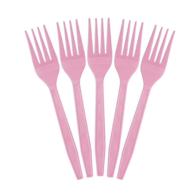 May include: Five pink plastic forks arranged in a fan shape against a white background. Each fork has a long handle with a diamond pattern and four tines. The forks are a light, pastel pink color.