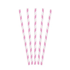 May include: Five pink and white striped paper straws arranged vertically against a white background. The straws are evenly spaced and appear to be made of paper. The pink stripes alternate with white stripes.