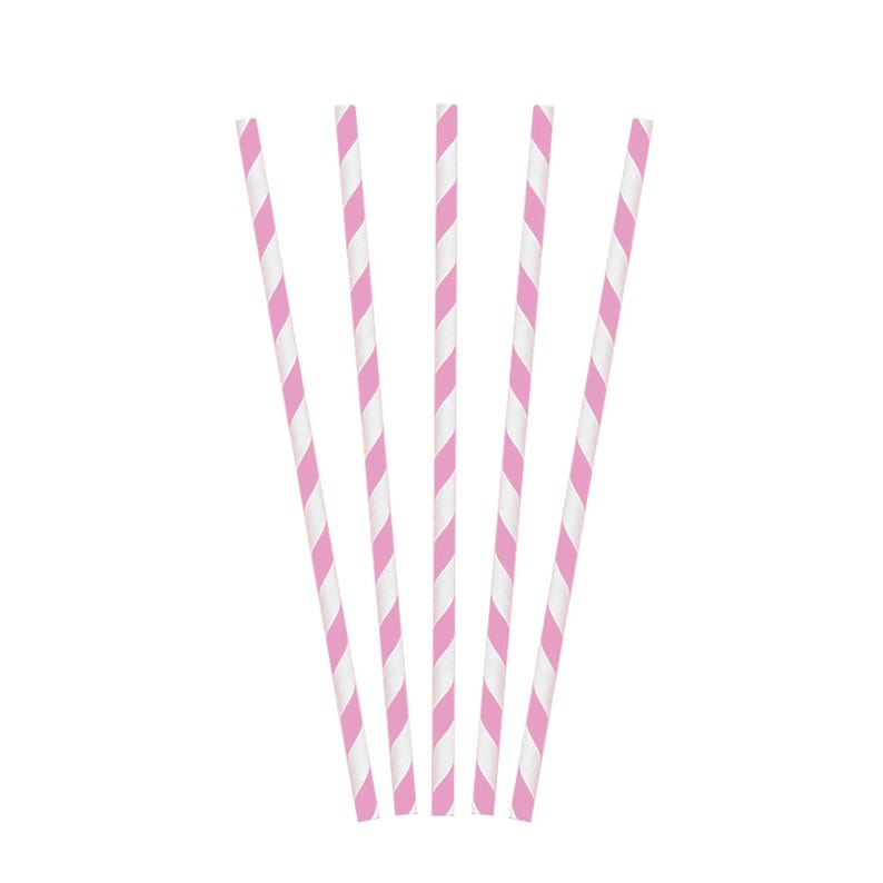 May include: Five pink and white striped paper straws arranged vertically against a white background. The straws are evenly spaced and appear to be made of paper. The pink stripes alternate with white stripes.