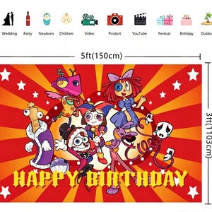 以下が含まれることがあります： 赤と黄色の誕生日の背景に漫画のキャラクターと「HAPPY BIRTHDAY」の文字。 背景は幅150cm、高さ103cmで、スターバーストのデザインと白い星が特徴です。