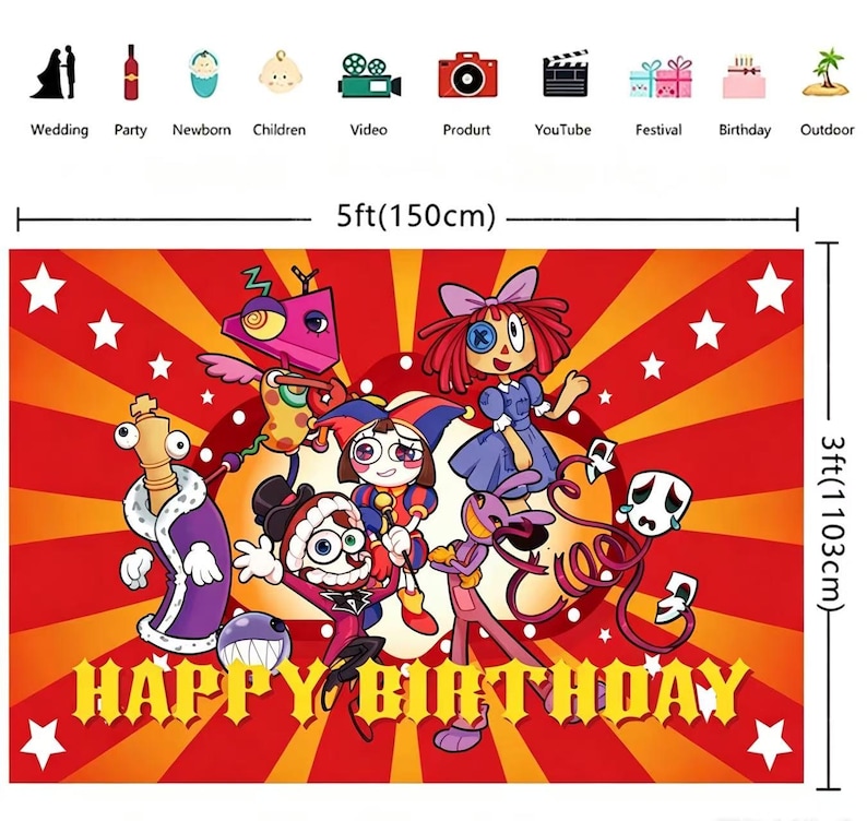 以下が含まれることがあります： 赤と黄色の誕生日の背景に漫画のキャラクターと「HAPPY BIRTHDAY」の文字。 背景は幅150cm、高さ103cmで、スターバーストのデザインと白い星が特徴です。