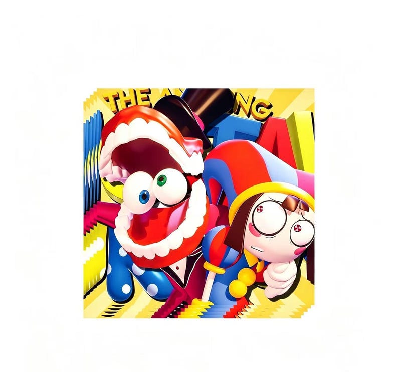 以下が含まれることがあります： 大きな赤い口を開けたキャラクターと小さな大きな目のキャラクターが描かれた、活気に満ちた漫画風のイラスト。背景には「THE FUN」の文字が太字でカラフルに描かれており、黄色と青の背景が使用されています。