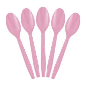 May include: Five pink plastic spoons arranged in a fan shape. Each spoon has an oval bowl and a handle with a diamond pattern. The spoons are a soft, pastel pink color, and the background is white.