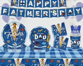 Set di stoviglie per la Festa del Papà per 10 persone: piatti, tovaglioli, tazze e forchette.
