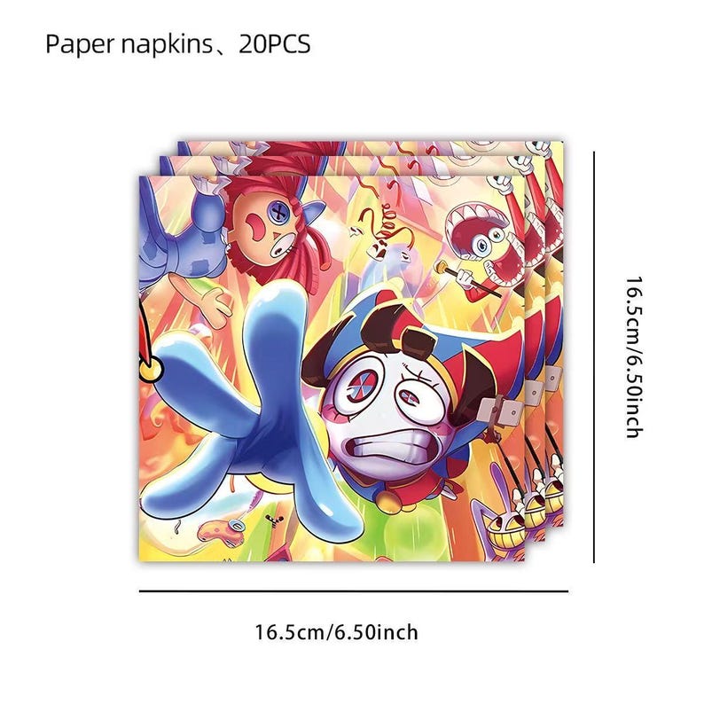 Op de afbeelding: Papieren servetten met een kleurrijk cartoonontwerp. Elke servet meet 16,5 cm vierkant en heeft een levendige illustratie van stripfiguren. De tekst "Paper napkins, 20PCS" is zichtbaar.