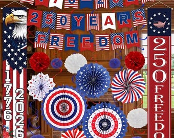 USA 250th Anniversary Patriotic Party Decorations Kit – Red White Blue Banner, Fans, Pom Poms