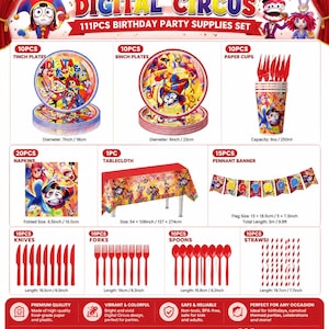 Op de afbeelding: Een 111-delige Digital Circus verjaardagsfeestartikelen set. Inclusief borden (18 en 23 cm), bekers, servetten, een tafelkleed, een vlaggenlijn, messen, vorken, lepels en rietjes. De set heeft een kleurrijk circusontwerp.