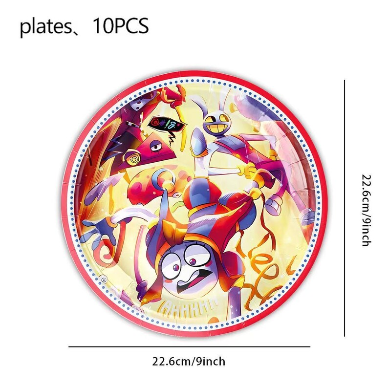 Op de afbeelding: Ronde papieren borden met een rode rand en een kleurrijk cartoonontwerp. De borden hebben een diameter van 22,6 cm en tonen een grillig personage met een narrenhoed. De tekst "plates, 10PCS" is zichtbaar.