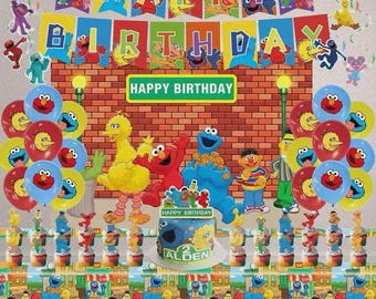 Sesame Street Birthday Party Decorations Kit - Banners, Balloons, Tablecloth，Backdrop & Cake Toppers