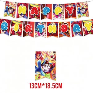 以下が含まれることがあります： 「HAPPY BIRTHDAY」の文字が個々のペナントに書かれたカラフルなバナー。各ペナントは、ユニークな色とデザインの文字と漫画のキャラクターが特徴です。バナーは細い黒い紐でつながっています。下のバナーのサイズは13cm&times;18.5cmです。