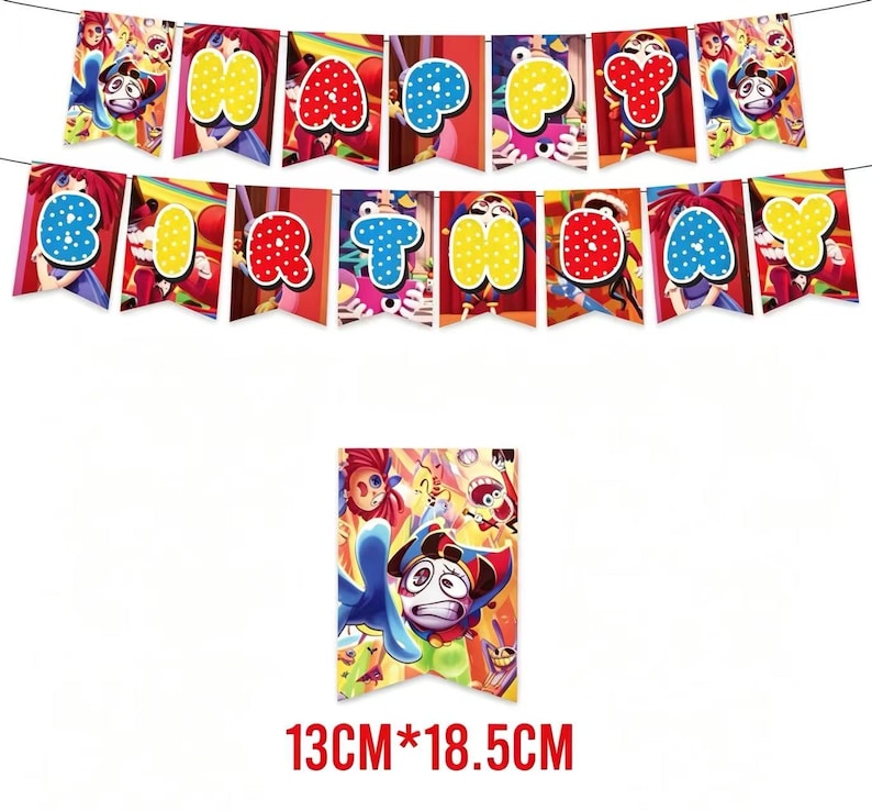 以下が含まれることがあります： 「HAPPY BIRTHDAY」の文字が個々のペナントに書かれたカラフルなバナー。各ペナントは、ユニークな色とデザインの文字と漫画のキャラクターが特徴です。バナーは細い黒い紐でつながっています。下のバナーのサイズは13cm&times;18.5cmです。