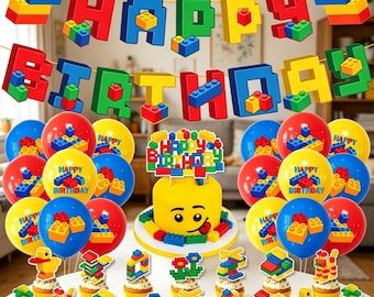 Building Blocks Birthday Party Decorations Set, Brick Theme Banner Balloons Toppers