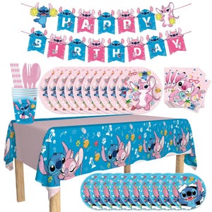 May include: A party supplies set featuring a blue and pink theme with the characters Stitch and Angel. Includes a tablecloth, plates, cups, napkins, cutlery, and a banner that reads "Happy Birthday". The plates and cups have character illustrations.