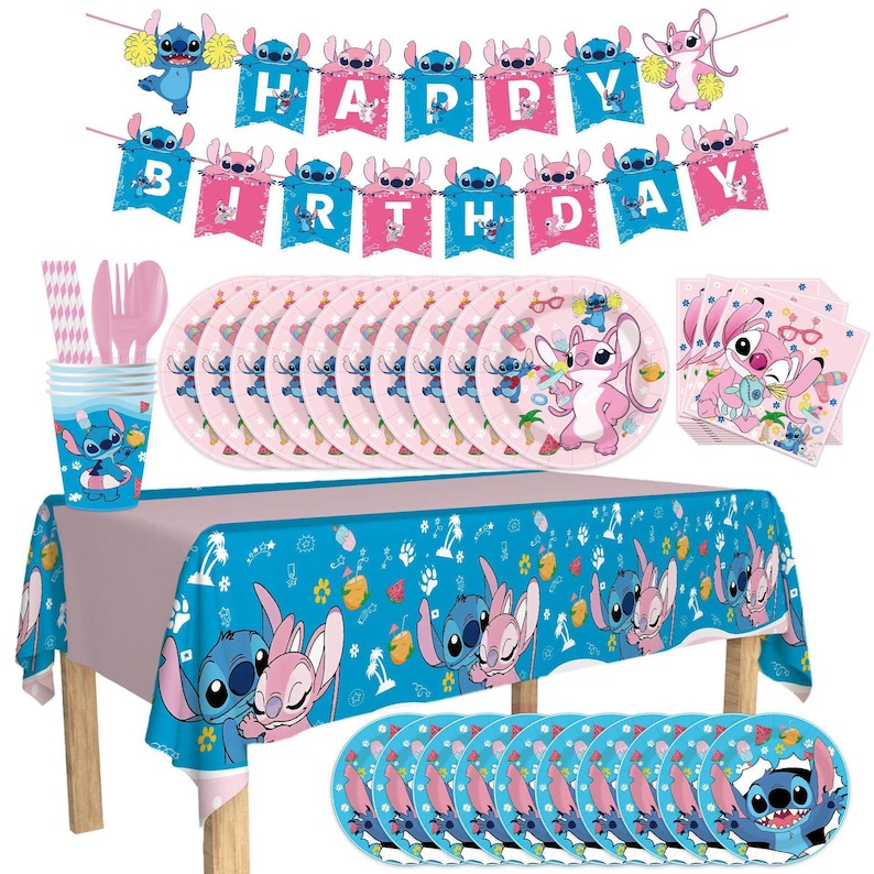 May include: A party supplies set featuring a blue and pink theme with the characters Stitch and Angel. Includes a tablecloth, plates, cups, napkins, cutlery, and a banner that reads "Happy Birthday". The plates and cups have character illustrations.