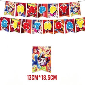 Op de afbeelding: Een kleurrijke banner met de tekst "HAPPY BIRTHDAY" gedrukt op individuele vlaggetjes. Elk vlaggetje toont een cartoonfiguur en een letter in een vet, speels lettertype. De banner is 13 cm x 18,5 cm groot.