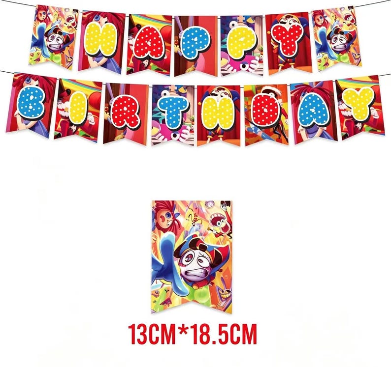 Op de afbeelding: Een kleurrijke banner met de tekst "HAPPY BIRTHDAY" gedrukt op individuele vlaggetjes. Elk vlaggetje toont een cartoonfiguur en een letter in een vet, speels lettertype. De banner is 13 cm x 18,5 cm groot.