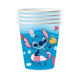 May include: A stack of four blue paper cups featuring a cartoon character, Stitch, in a beach scene. The cups have a light blue background with waves, watermelon slices, and Stitch with a floatie, ice cream, and a coconut drink.