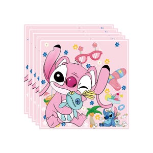 May include: Pink square paper napkins featuring a cartoon character with large ears, holding a blue doll. The napkins have a pink background with flowers, sunglasses, and a blue character. The napkins are stacked.