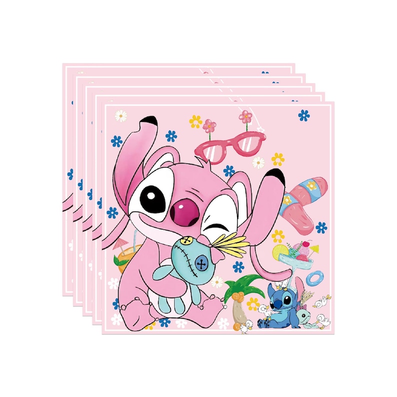 May include: Pink square paper napkins featuring a cartoon character with large ears, holding a blue doll. The napkins have a pink background with flowers, sunglasses, and a blue character. The napkins are stacked.
