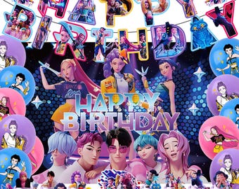 Brand new blue Kpop birthday party supplies set | Anime idol themed decorations | Photo backgrounds, banners