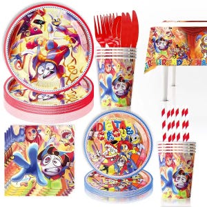 Op de afbeelding: Een feestartikelen set met borden, bekers, servetten, bestek en een tafelkleed. De items hebben een kleurrijk cartoonontwerp met personages en de tekst "The Amazing Digital Circus". De borden zijn rood en blauw.