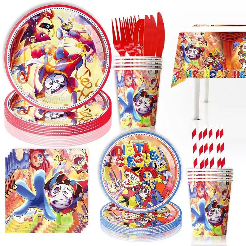 Op de afbeelding: Een feestartikelen set met borden, bekers, servetten, bestek en een tafelkleed. De items hebben een kleurrijk cartoonontwerp met personages en de tekst "The Amazing Digital Circus". De borden zijn rood en blauw.