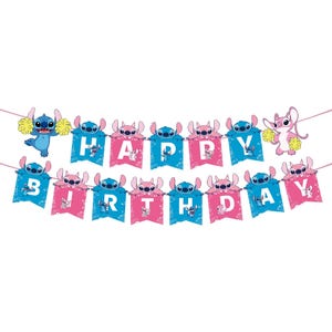 May include: A colorful "Happy Birthday" banner featuring the characters Stitch and Angel. The banner alternates between blue and pink pennants, each displaying a letter and a character illustration. The characters are holding pom-poms.