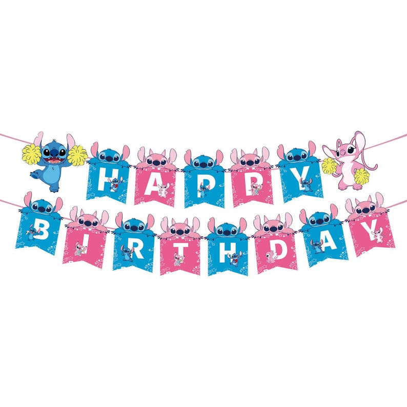 May include: A colorful "Happy Birthday" banner featuring the characters Stitch and Angel. The banner alternates between blue and pink pennants, each displaying a letter and a character illustration. The characters are holding pom-poms.