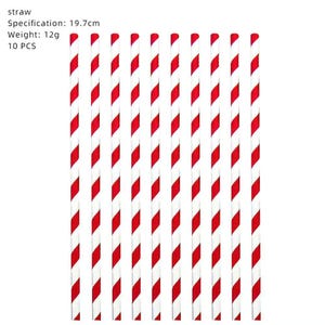 Op de afbeelding: Een verzameling rood-wit gestreepte rietjes. De afbeelding bevat de tekst "straw", "Specification: 19.7cm", "Weight: 12g" en "10 PCS". De rietjes zijn verticaal geplaatst tegen een witte achtergrond.