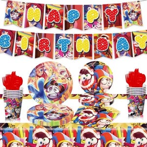 以下が含まれることがあります： 「HAPPY BIRTHDAY」と書かれたバナーが特徴的な、カラフルなパーティー用品セット。 プレート、カップ、ナプキン、カトラリーが含まれており、すべて鮮やかな色の漫画のキャラクターで装飾されています。 誕生日のお祝いに最適です。