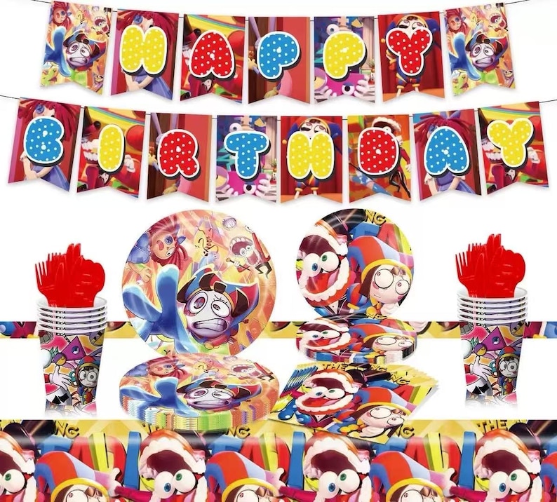 以下が含まれることがあります： 「HAPPY BIRTHDAY」と書かれたバナーが特徴的な、カラフルなパーティー用品セット。 プレート、カップ、ナプキン、カトラリーが含まれており、すべて鮮やかな色の漫画のキャラクターで装飾されています。 誕生日のお祝いに最適です。