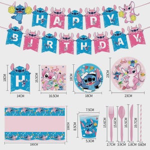 May include: A collection of party supplies featuring the character Stitch. Includes a banner that says "Happy Birthday", plates, cups, cutlery, a tablecloth, and decorations. The plates are 23cm in diameter.