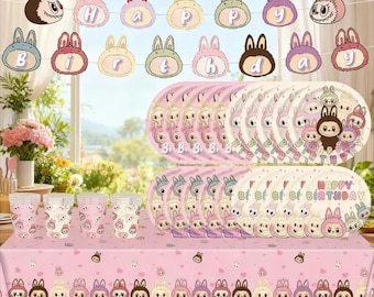 Bunny Birthday Party Decorations Set, Pink  White  Rabbit Tableware Banner Balloons