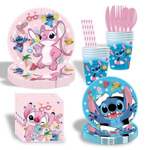 May include: A collection of party supplies featuring the characters Stitch and Angel. The set includes pink plates, cups, napkins, cutlery, and straws. The plates and cups have character illustrations and tropical designs. The napkins are pink with character illustrations.