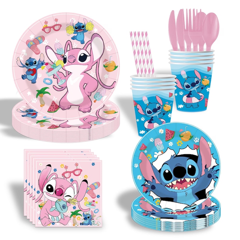 May include: A collection of party supplies featuring the characters Stitch and Angel. The set includes pink plates, cups, napkins, cutlery, and straws. The plates and cups have character illustrations and tropical designs. The napkins are pink with character illustrations.