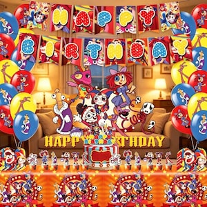 以下が含まれることがあります： カラフルな風船、ケーキ、そして「Happy Birthday」と書かれたバナーがある誕生日のパーティーシーン。装飾は赤、青、黄、紫の漫画のキャラクターが特徴です。シーンは背景にソファがある屋内で設定されています。