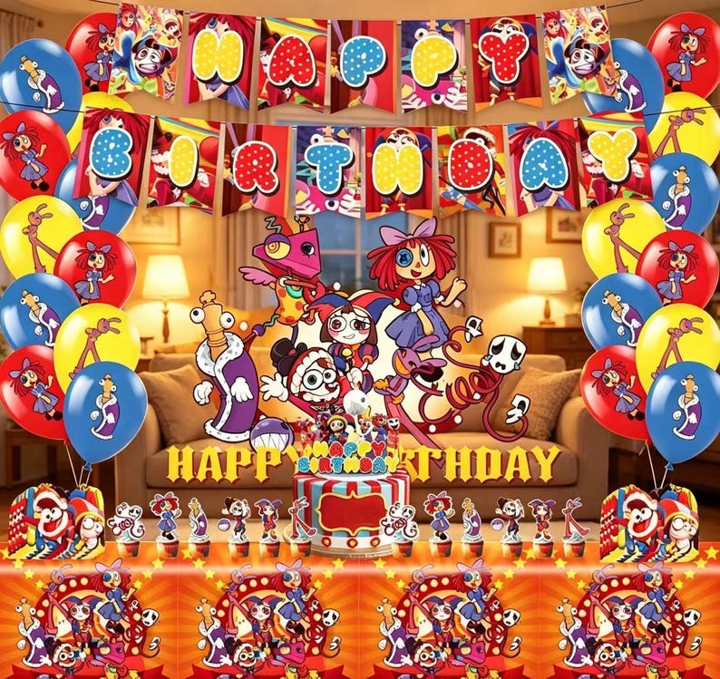 以下が含まれることがあります： カラフルな風船、ケーキ、そして「Happy Birthday」と書かれたバナーがある誕生日のパーティーシーン。装飾は赤、青、黄、紫の漫画のキャラクターが特徴です。シーンは背景にソファがある屋内で設定されています。