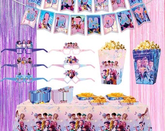 K pop hunter party favor set Party Favor Boxes Cupcake toppers Gift bags Balloons anime kpop themed party decor