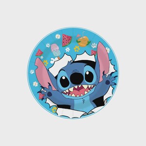 May include: A round, light blue paper plate featuring a cartoon image of Stitch, the blue alien from Lilo & Stitch, bursting through a white torn paper effect. The plate is decorated with watermelon slices, ice cream, and flowers.