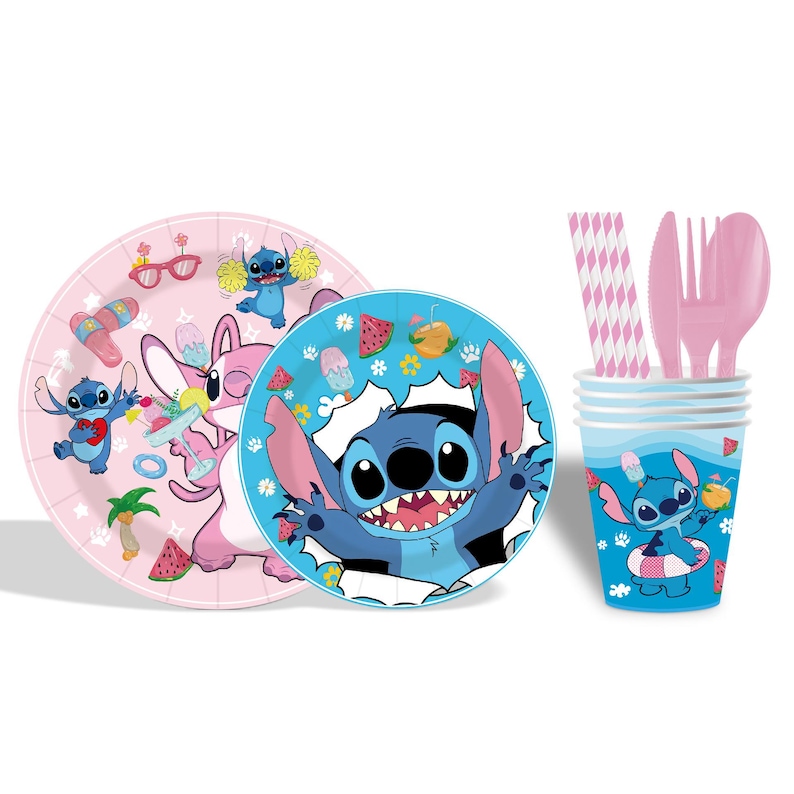 May include: A set of party supplies featuring the character Stitch. Includes pink and blue plates, a blue cup, pink cutlery, and striped straws. The plates and cup are decorated with Stitch and summer-themed graphics.