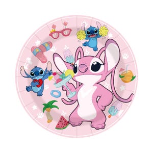 May include: A pink paper plate featuring cartoon characters Stitch and Angel, with summer-themed illustrations. The plate includes images of ice cream, watermelon, and sunglasses. The plate has a white rim and is decorated with paw prints and stars.