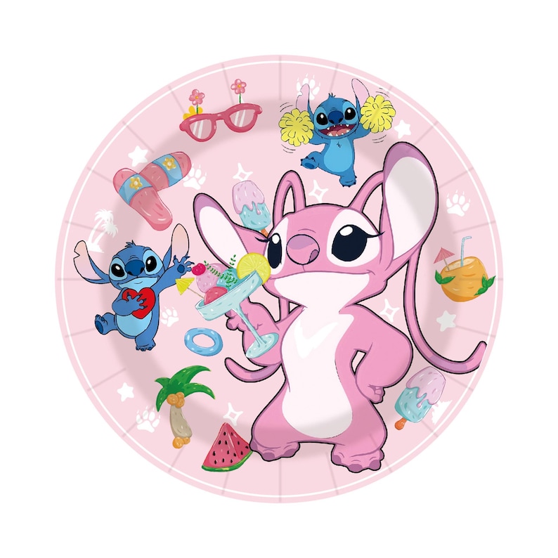 May include: A pink paper plate featuring cartoon characters Stitch and Angel, with summer-themed illustrations. The plate includes images of ice cream, watermelon, and sunglasses. The plate has a white rim and is decorated with paw prints and stars.