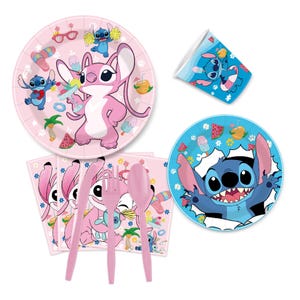 May include: A set of pink and blue party supplies featuring the characters Stitch and Angel. The set includes plates, napkins, a cup, and pink plastic cutlery. The plates and cup have colorful illustrations of the characters and tropical elements.