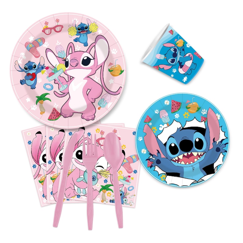 May include: A set of pink and blue party supplies featuring the characters Stitch and Angel. The set includes plates, napkins, a cup, and pink plastic cutlery. The plates and cup have colorful illustrations of the characters and tropical elements.