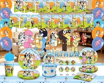 Bluey Birthday Party Decorations Kit | All-in-One Party Supplies with Backdrop, Plates, Cups, Napkins, Cake Toppers, Balloons