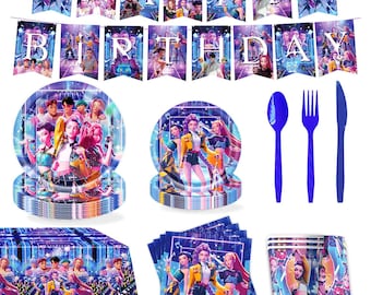 Blue Kpop Birthday Party Supplies Set | Anime Idol Theme Decor | Photo Backdrop, Plates, Cups, Napkins, Tablecloth