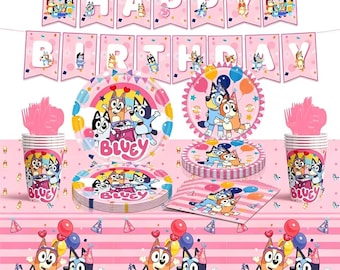 pink  Bluey Birthday Party Decorations Kit | All-in-One Party Supplies with Backdrop, Plates, Cups, Napkins, Cake Toppers, Balloons