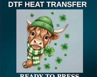 DTF Transfer St Patrick Highland Cow Design, Ready to Press Shamrock Print