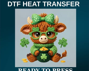 St Patrick Highland Cow DTF Transfer, Crochet Look Lucky Cow Print