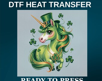 St Patrick Unicorn DTF Transfer, Ready To Press Heat  Shamrock Unicorn Print